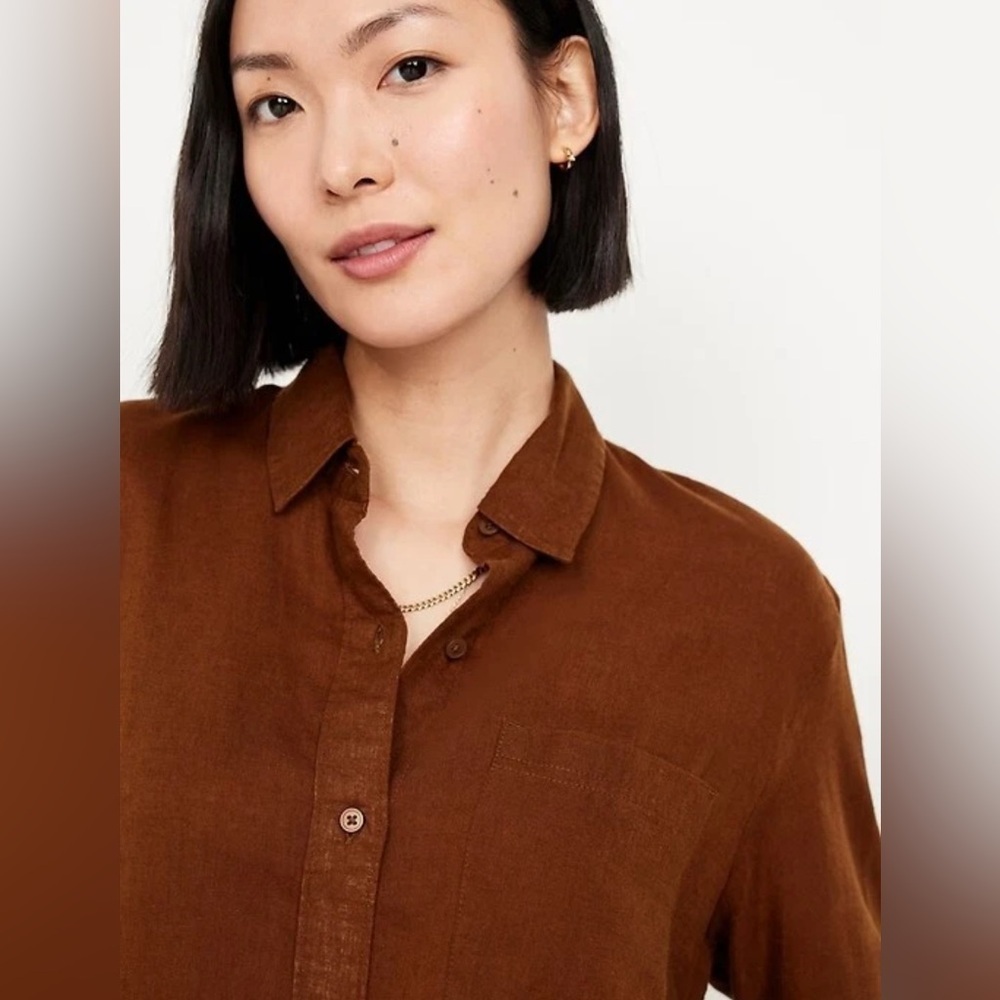 Old Navy The Cropped Shirt Linen-Blend Chocolate Brown Color, Size M - Picture 3 of 14